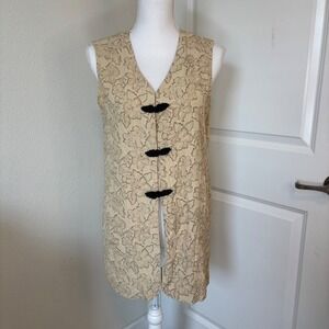 Vintage T Juniors Tan Floral Frog Toggle Longline Vest Duster Made in USA 9/10
